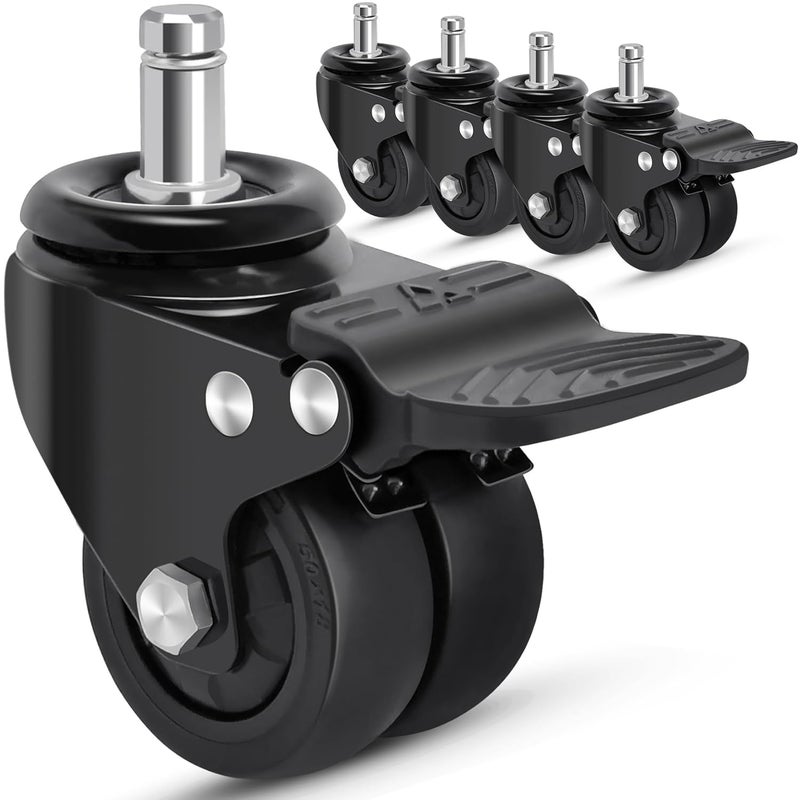Nefish Office Chair Caster Wheels with Brake, 11mm, 2 Inch Heavy Duty Rubber Office Chair Wheel Replacement, Support 750lbs(Set of 5), Quiet Desk Chair Rollers, Safe for All Floors, Universal Fit - Image 1